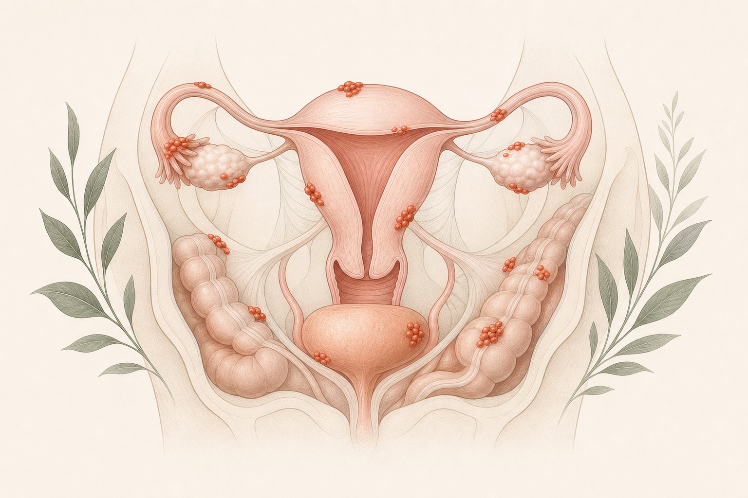 Schemat możliwych miejsc występowania ognisk endometriozy w miednicy