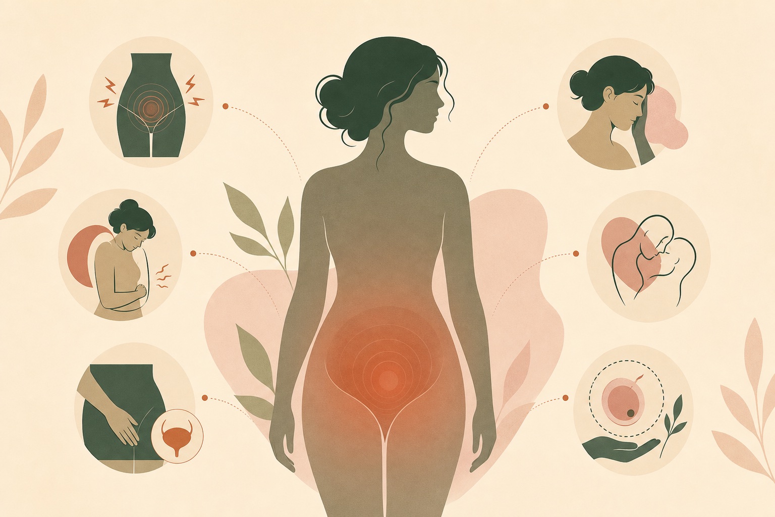 Ilustracja przedstawiająca różnorodne objawy endometriozy